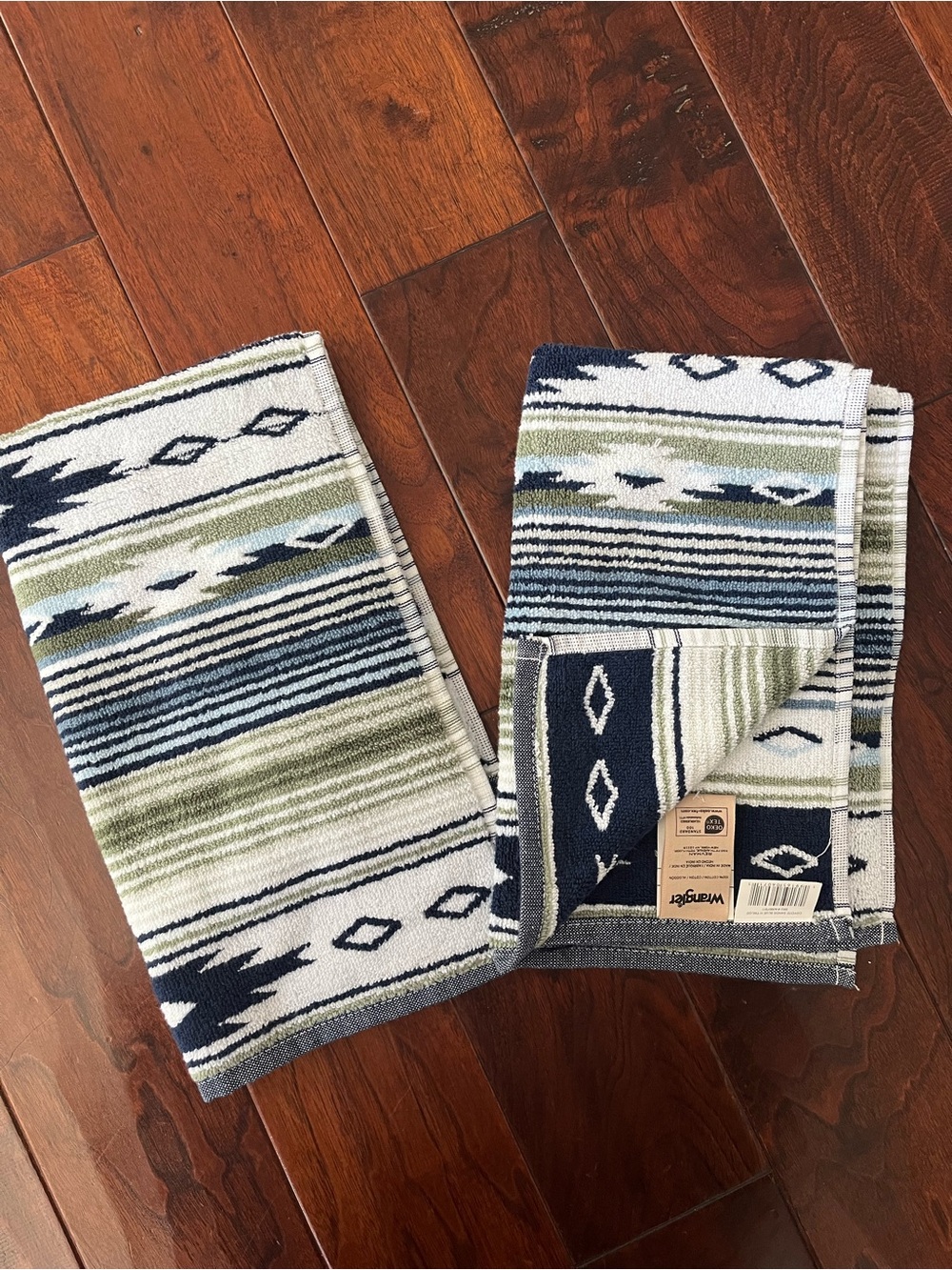 Set of 2 Wrangler Navy and Sage Striped Hand Towel Set